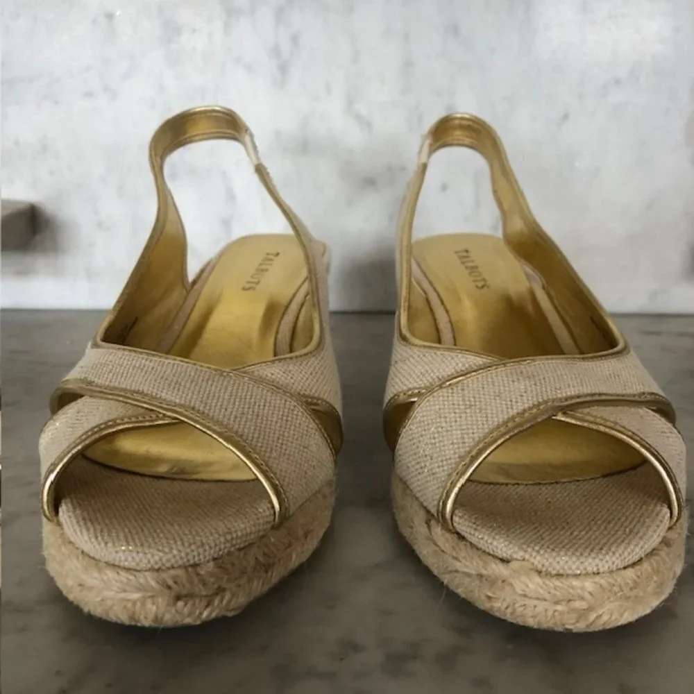 TALBOTS Linen Gold Cross Toe Jute Slingback Wedge Sandals 9 1/2M
